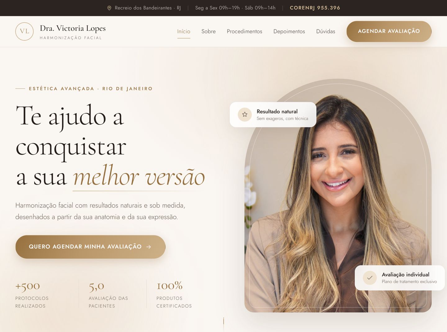 Página inicial do site da Dra. Victoria Lopes, clínica de harmonização facial